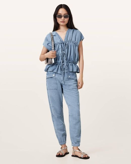 AllSaints Blue Val High-Rise Cargo Linen Blend Trousers