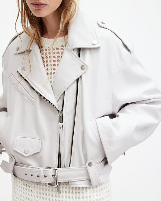 AllSaints White Dayle Oversized Leather Biker Jacket