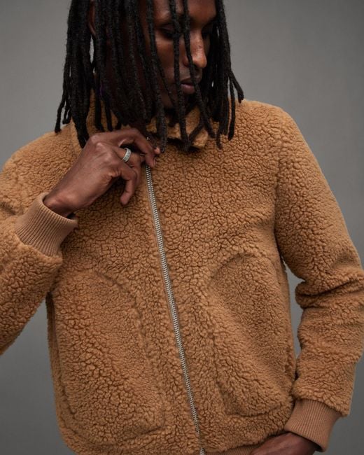 AllSaints Buzz Teddy Textured Bomber Jacket in Brown for Men Lyst
