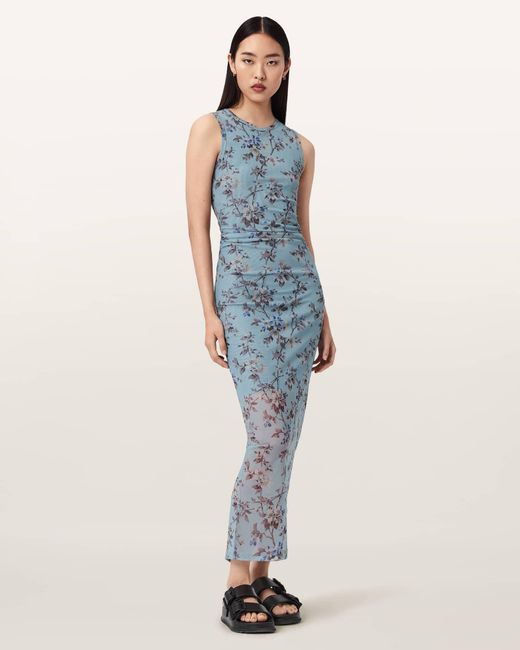 AllSaints Blue Polyester Katarina Bodycon Printed Mesh Dress, /Us 2