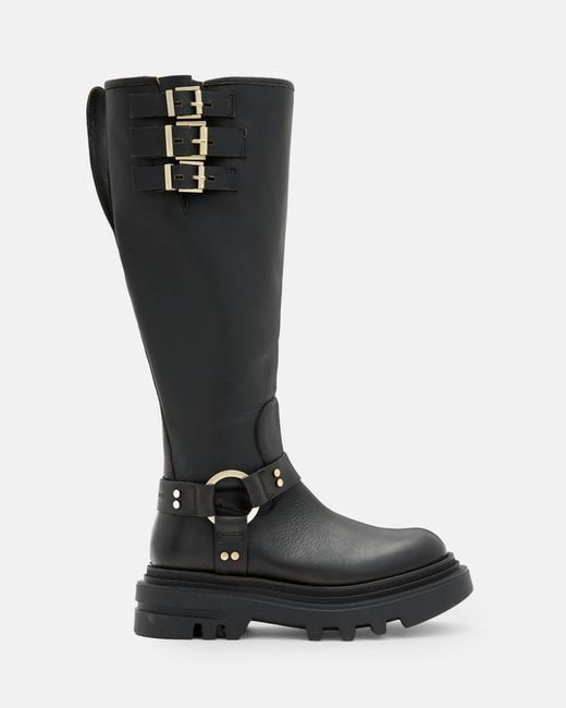 AllSaints Black Jade Knee High Leather Biker Boots,, /Warm Brass