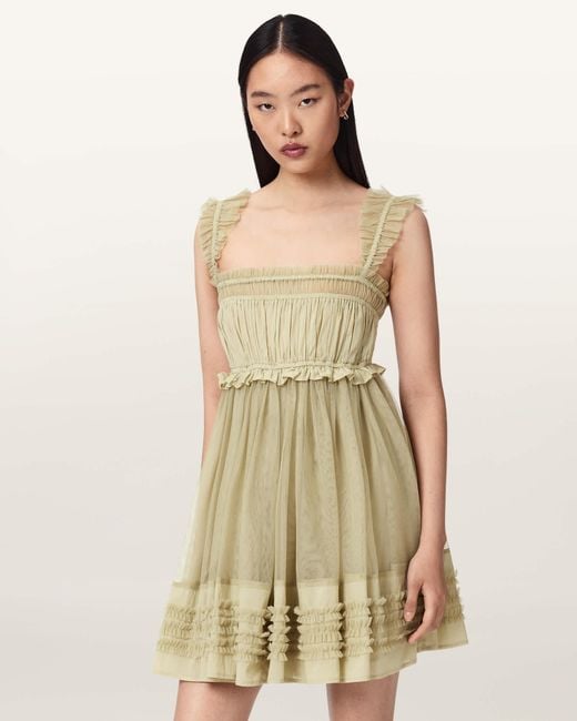 AllSaints Natural Angela Gathered Frill Mini Dress