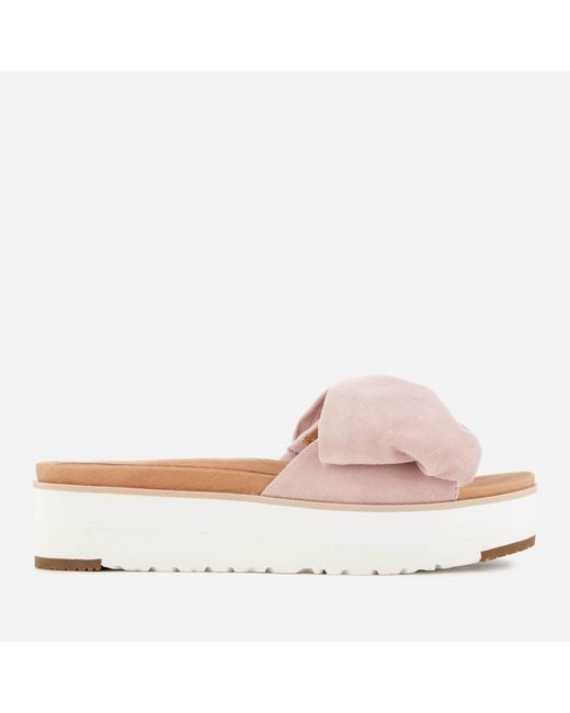 Ugg Pink Joan Suede Bow Flatform Slide Sandals