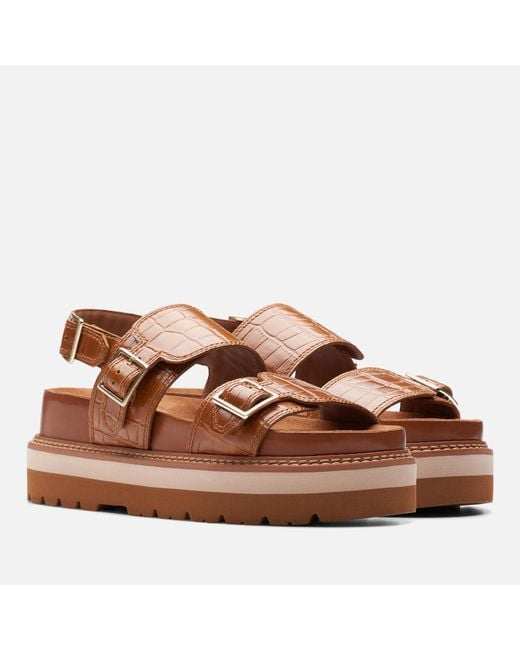 Clarks Brown Orianna Glide Textured Leather Chunky Sole Sandals