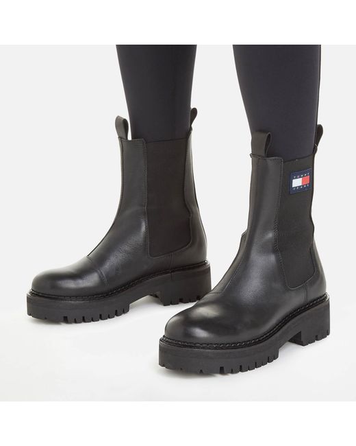 Tommy Hilfiger Black Urban Leather Cleat Platform Chelsea Boots