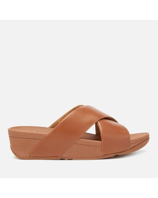 Fitflop Lulu Leather Cross Slide Sandals in Brown | Lyst