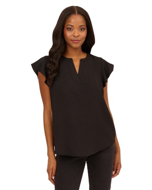 Adrianna Papell Black Solid Woven Airflow Flutter Sleeve Top