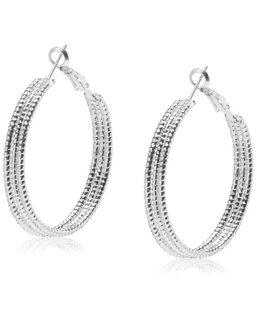 Guess White Silvertone Multi Textured Wire Hoop Earrings