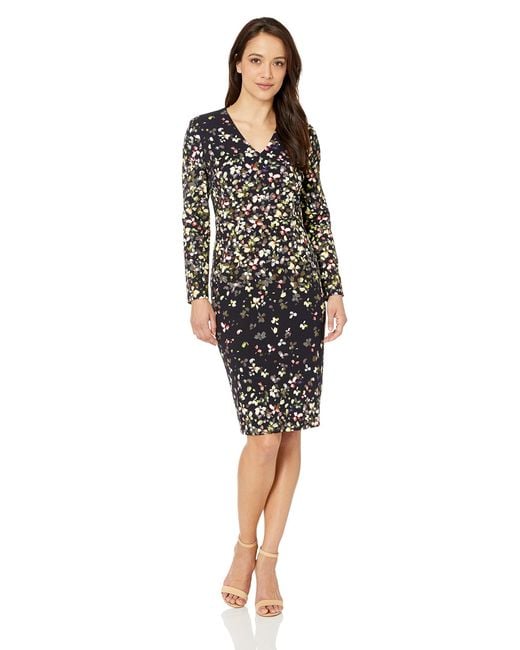 Maggy London Printed Crepe V-neck Midi Dress With Long Sleeve in Navy ...