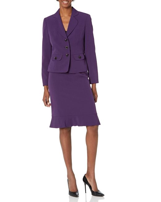 Kasper Purple Womens Crepe Three Button Jacket And Flap Pockets Flounce Suit Skirt Set