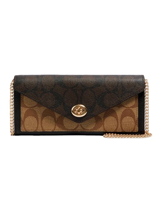 COACH Brown Signature Blocking Envelope Wallet W Chain And Turnlock