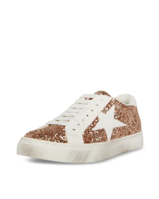 Steve Madden Natural Rezume Rose Gold Glitter Lace Up Round Toe Fashion Leather Sneakers