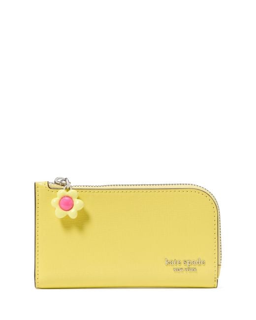Kate Spade Yellow Devin Saffiano Leather Flower Zipper Puller Small Slim Bifold Wallet