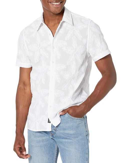 Guess White Short Sleeve Floral Embrded Twill Shirt for men