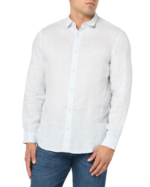 Emporio Armani White A | X Armani Exchange Long Sleeve Linen Button Down Shirt. Regular Fit for men