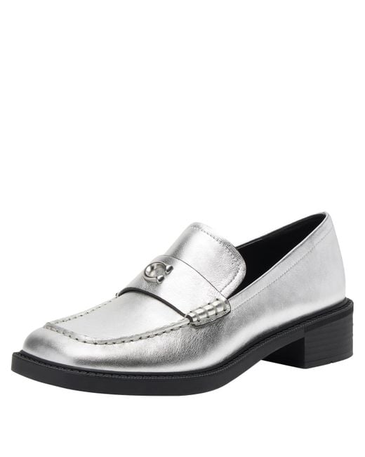 COACH White Glazed Metallic Leather Penny Loafer