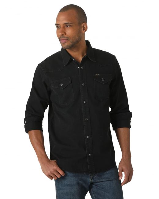 Wrangler Cotton Iconic Regular Fit Snap Shirt in Black Denim (Black ...