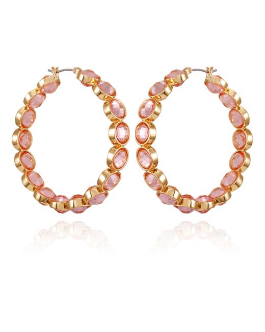Guess Metallic Goldtone Light Pink Crystal Glass Stone Hoop Earrings