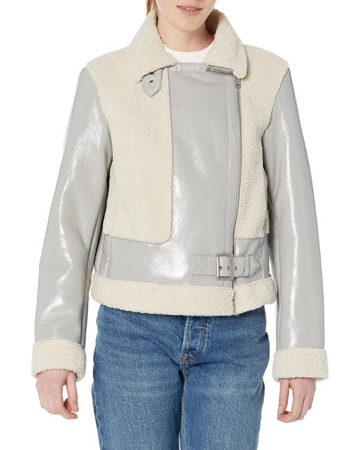 Andrew Marc Gray Marc New York By Moto Faux Patent Leather With Mixed Media Detail Jacket