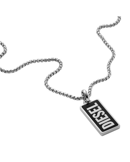 DIESEL White Silver Stainless Steel And Black Agate Logo Pendant Necklace for men