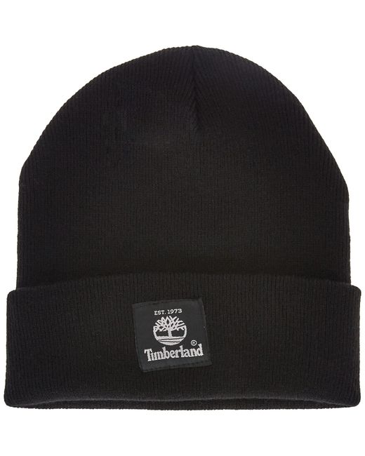 Timberland Black Ribbed Watch Cap With Logo Patch for men