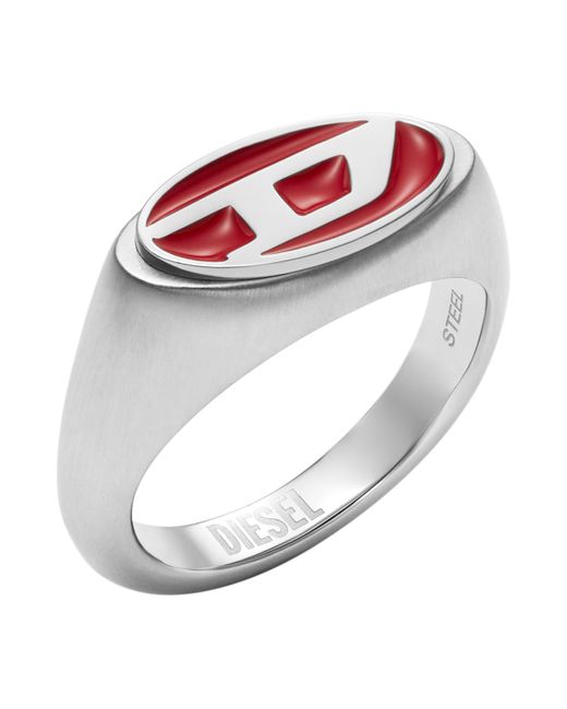 DIESEL Metallic Red Lacquer And Silver Stainless Steel Logo Signet Ring for men