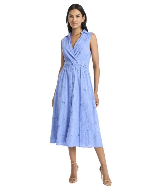 Maggy London Women's Blue Sleeveless Eyelet Midi Wrap Bodice And