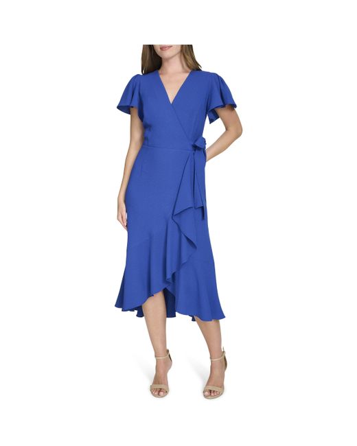Tommy Hilfiger Blue V-neckline Midi Length Short Flutter Sleeve Dress