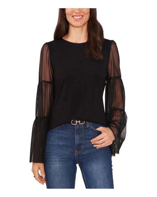 Vince Camuto Black Mix Media Top With Tier Mesh Bell