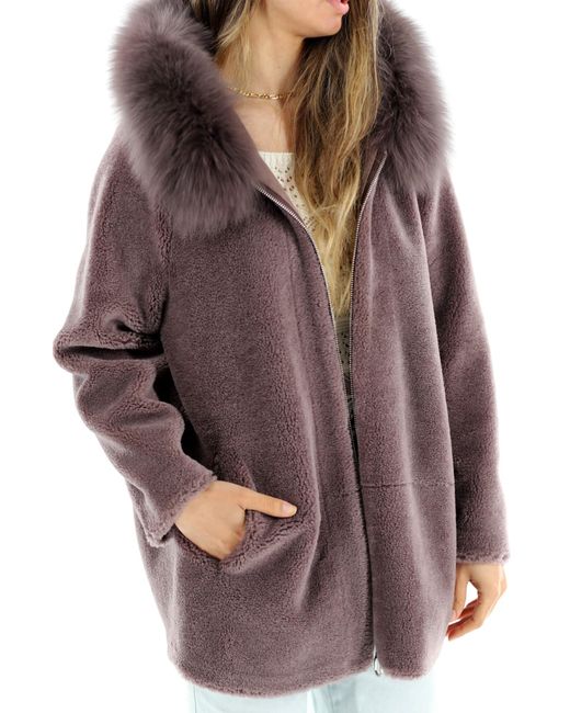 La Fiorentina Purple Shearling Jacket With Fox Fur Hood