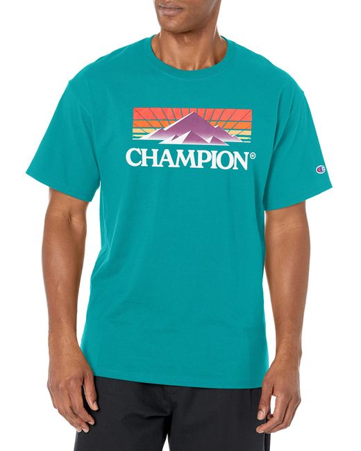 Champion , Cotton Midweight Crewneck Tee,t-shirt For , Seasonal Graphics,  Jungle Mint Mountain Grid, Small in Blue for Men | Lyst