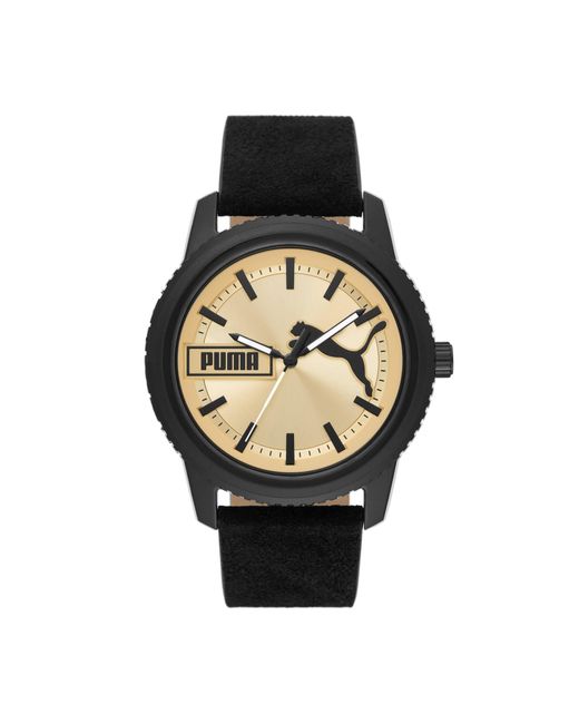 PUMA Ultrafresh Threehand Black Suede Leather Watch in Metallic for