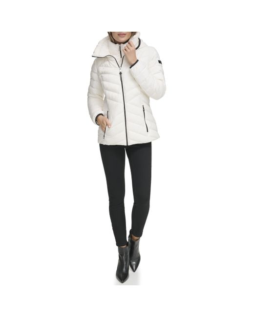 DKNY White Hooded Puffer Jacket