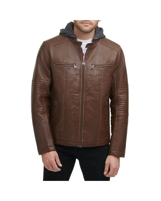 Levi's Brown Faux Leather Hooded Racer Jacket for men