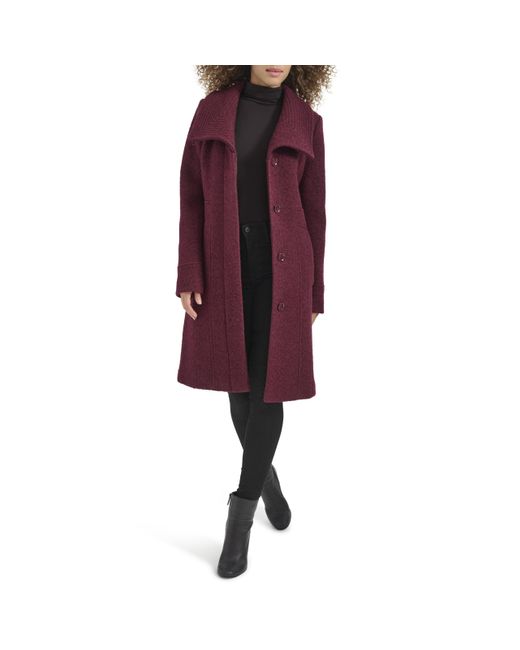 Kenneth Cole Red Pressed Boucle Wool Coat With Oversized Wing Collar