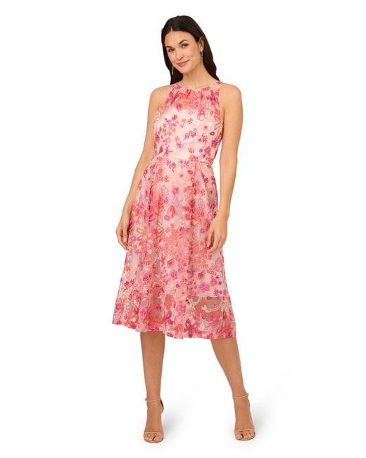 Adrianna Papell Pink Embroidered Fit And Flare