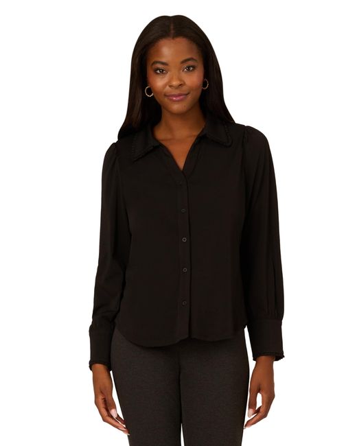 Adrianna Papell Black Open V-collar Ruffle Trim Knit Top With Long Puff Sleeves