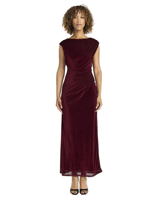 Maggy London Purple Elegant Floor-length Gown-fitted Silhouette With Cap Sleeves-boat Neck Maxi Dress For Special Occasions