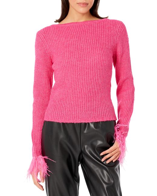 BCBGMAXAZRIA Red Boat Neck Long Sleeve Feather Cuff Sweater Top