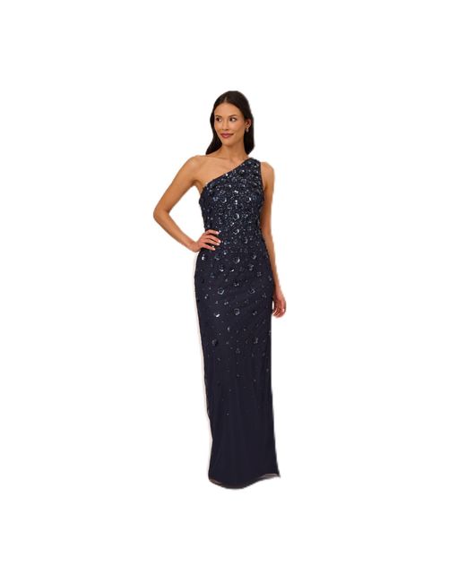 Adrianna Papell Blue One Shoulder Beaded Gown