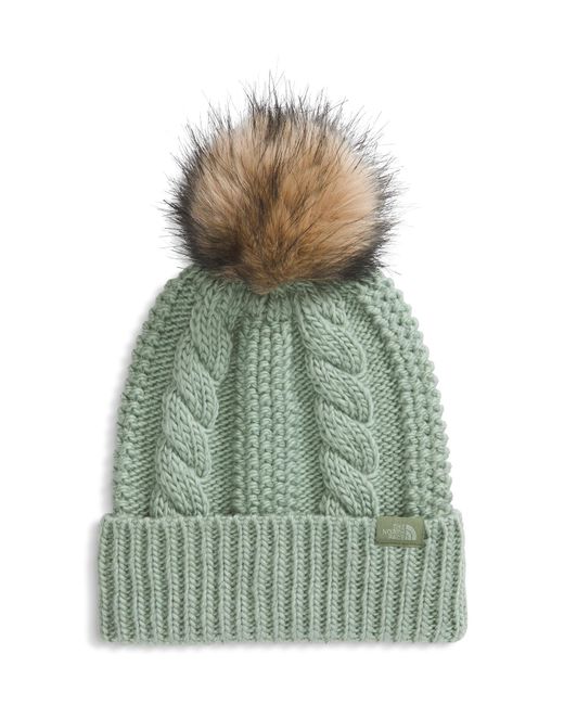 The North Face Green Oh Mega Fur Pom Beanie | Deep Fit Cuffed Winter Hat With Oversized Faux-fur Pom & Textured Cable Detailing