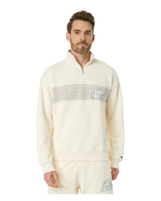 Lacoste White Loose Fit High-neck Quarter Zip Sweatshirt With Front Tennis Net Graphic for men