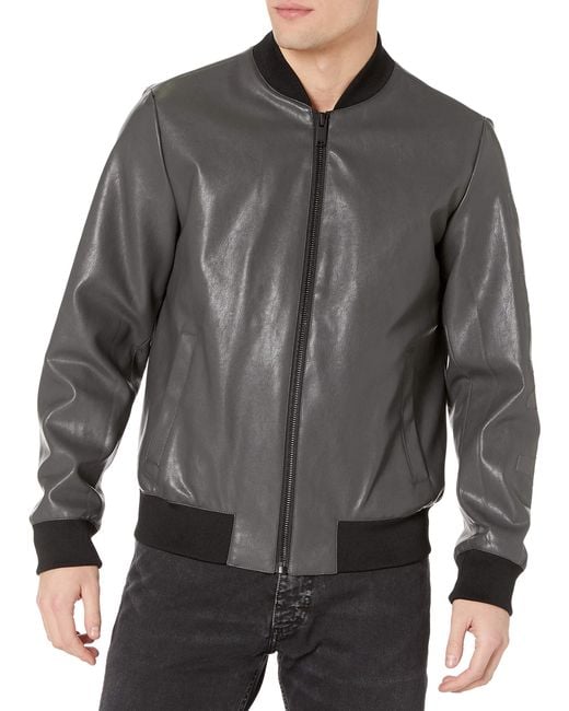 DKNY Leather Bomber Jacket in Gray for Men - Lyst