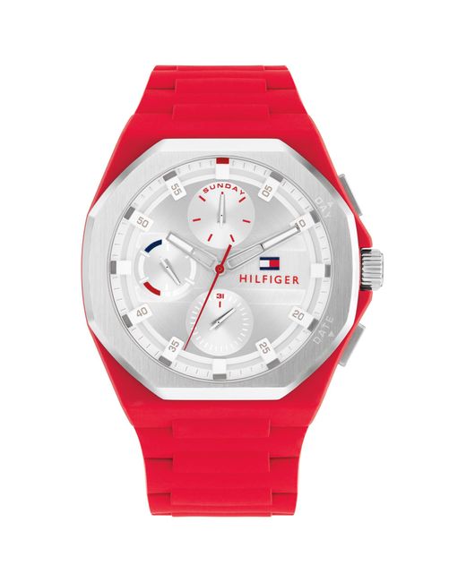 Tommy Hilfiger Red Multifunction Silicone Wristwatch - Water Resistant Up To 5 Atm/50 Meters - Premium Fashion Timepiece For All Occasions - 44 for men