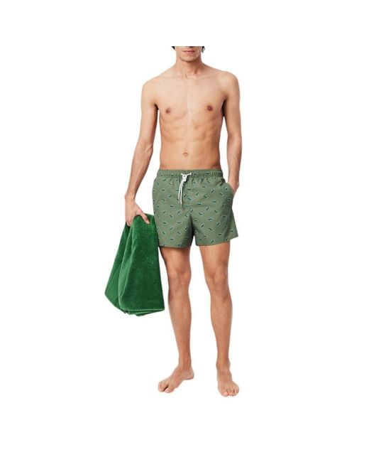 Lacoste Green Crocodile Print Swim Trunks for men