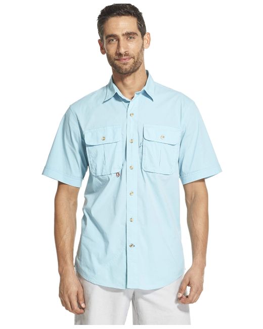 Izod Blue Surfcaster Short Sleeve Button Down Solid Fishing Shirt for men