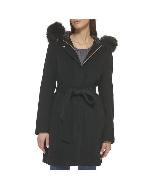 Cole Haan Black Hooded Coat Slick Wool With Detatchable Faux Fur Trim