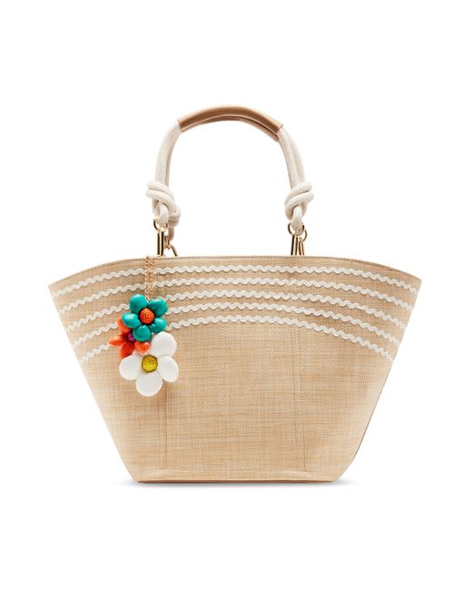 Betsey Johnson Natural Puffy Flowers Large Raffia Tote