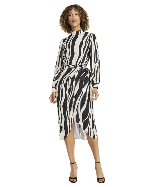 Maggy London Black Elegant Midi Wrap Long Sleeve High Neck Belted Cocktail Wedding Guest Dresses