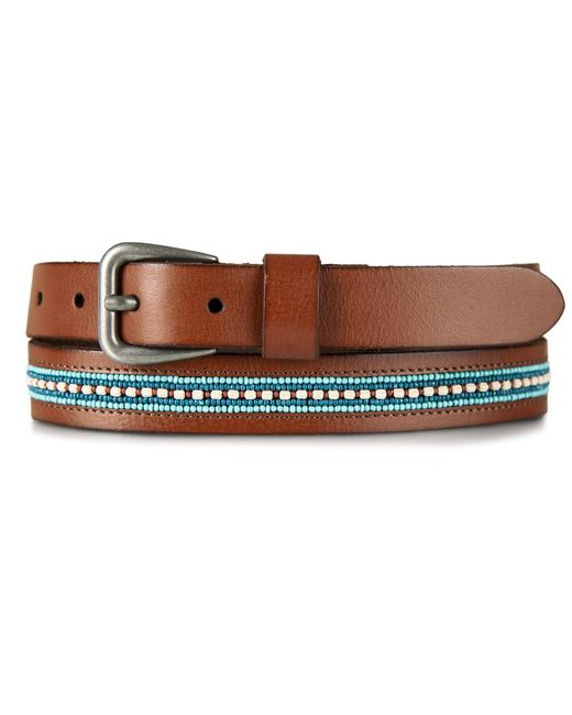 Lucky Brand Brown Turquoise Beaded Stripe Leather Belt In Tan Size Large